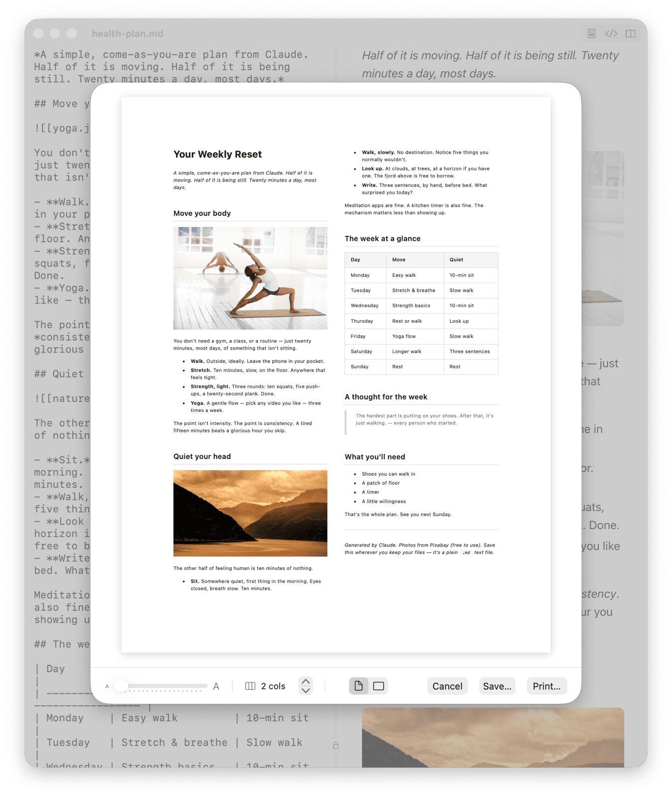 MarkeMark print preview showing markdown reflowed across two columns with tables, images, and a blockquote